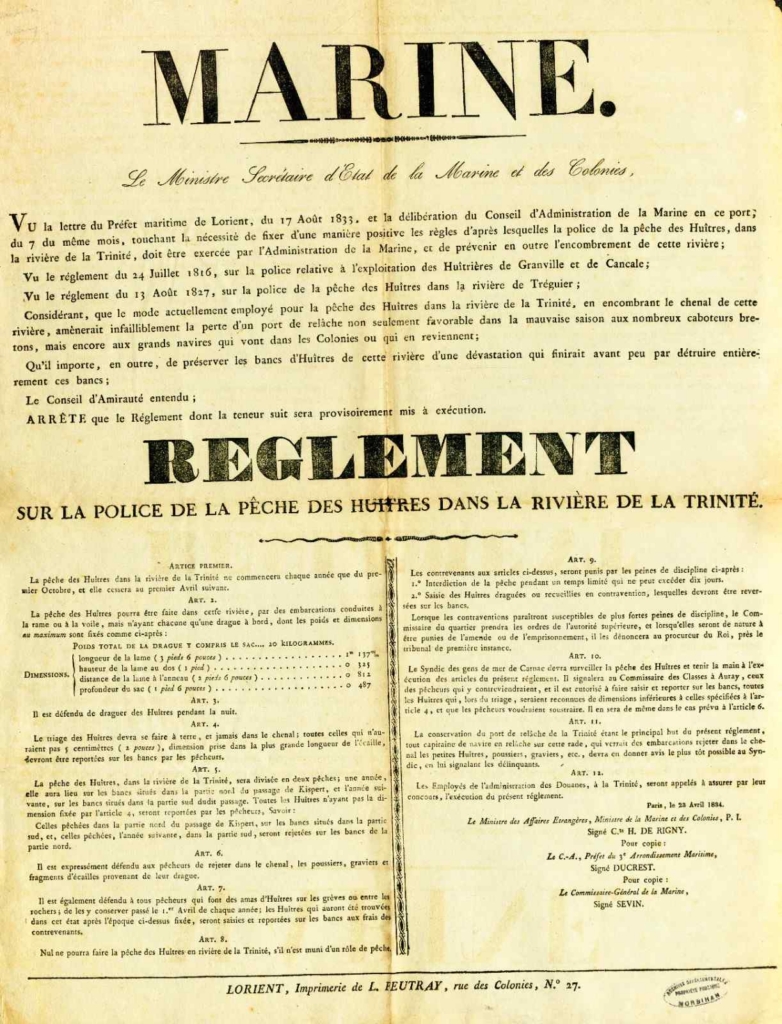 Arrêté sur la pêche des huîtres dans la rivière de La Trinité en 1834