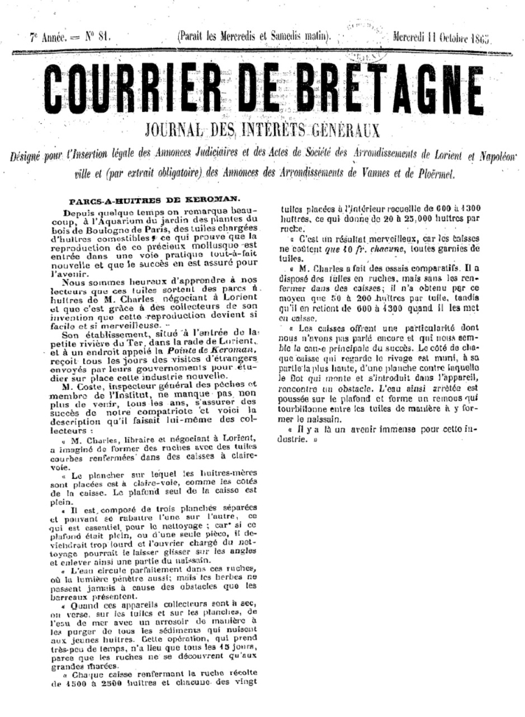 Courrier de Bretagne du 11 octobre 1865 - Parc à huîtres de Keroman