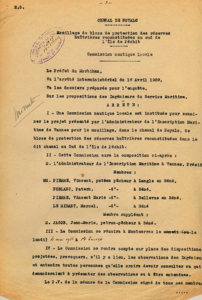 Arrêté immersion des blocs de protection huitrières chenal de Noyalo en 1911
