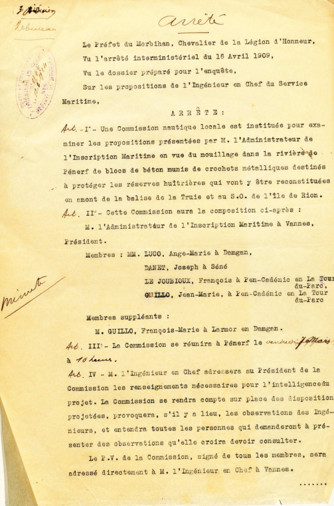Arrêté sur l'immersion des blocs de protection huitrières en rivière de Pénerf en 1924