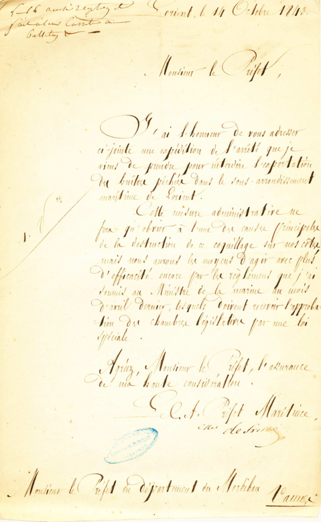 Arrêté de Lorient en1843 - Interdiction d'exportation des huîtres de Lorient