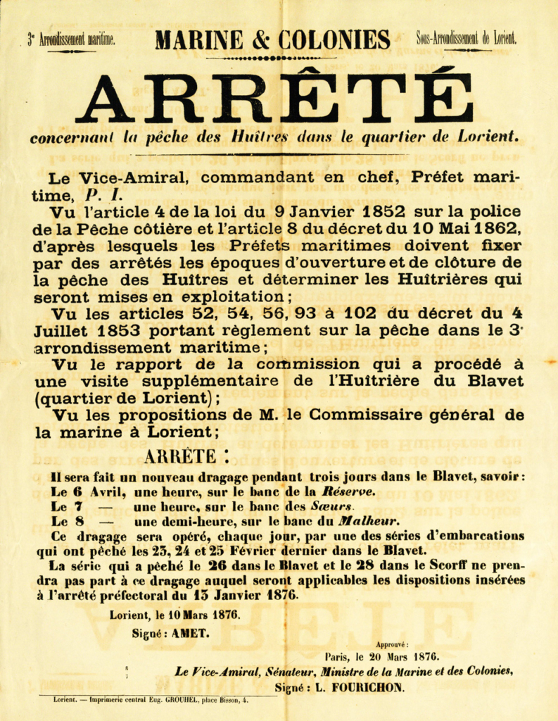 Arrêté de pêche des Huîtres dans le Blavet - mars 1876