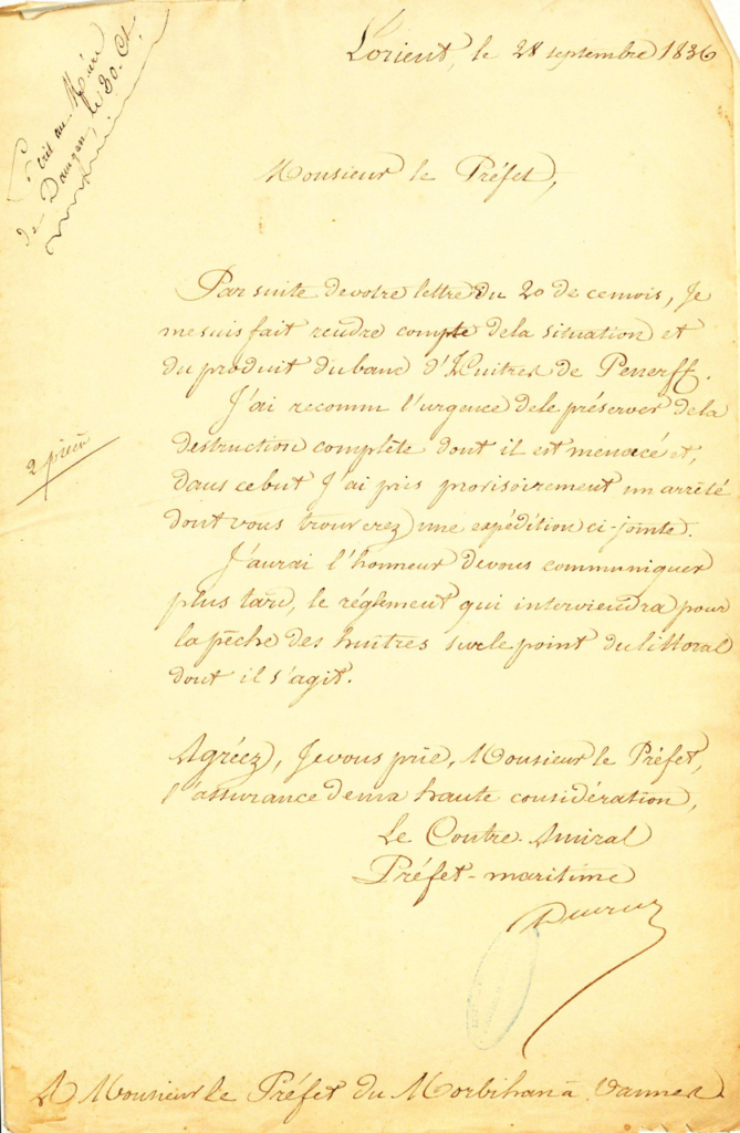 Arrêté sur la régulation de la pêche à l’huitre dans la rivière de Pénerf en 1836