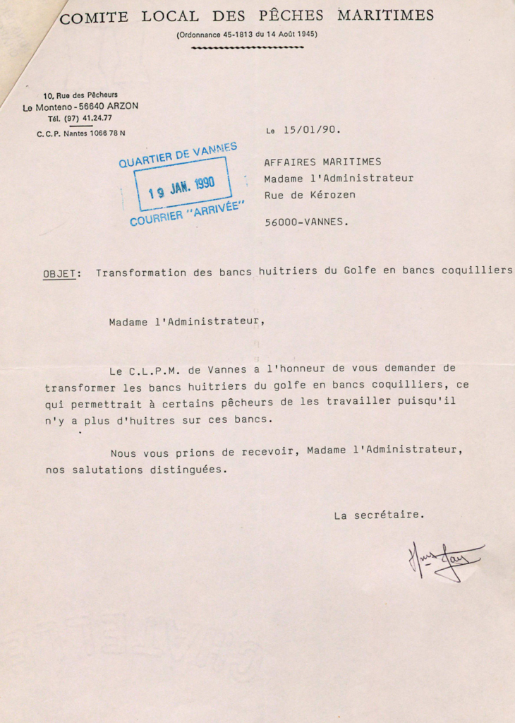 Courrier du comité des pêches pour la demande de transformation des bancs huîtriers en bancs coquillers - janvier 1990