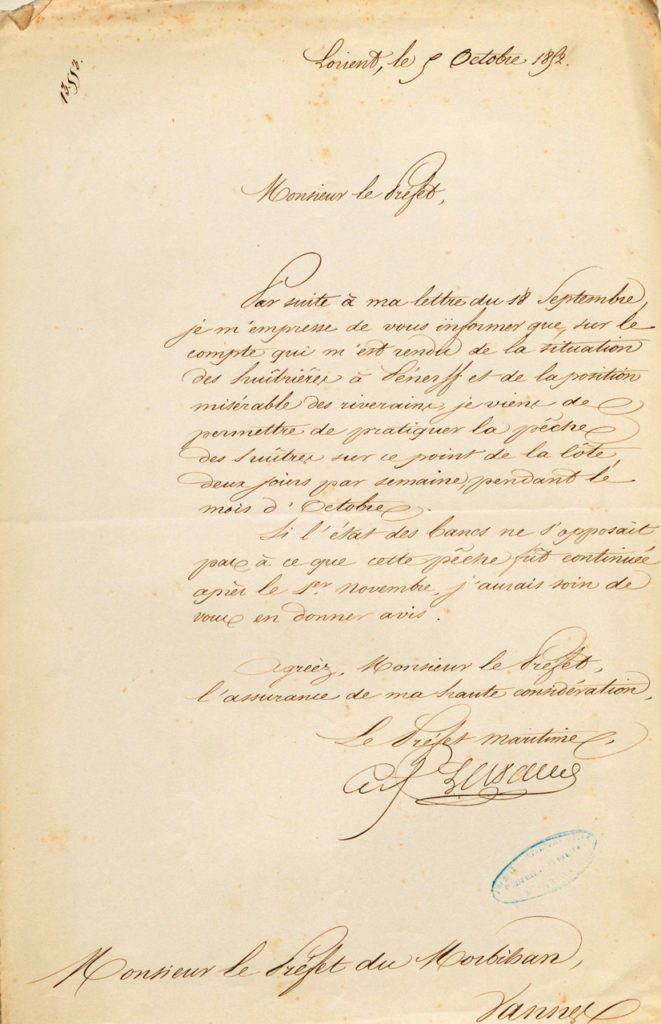 Courrier de demande de réouverture de la pêche aux huîtres en 1892