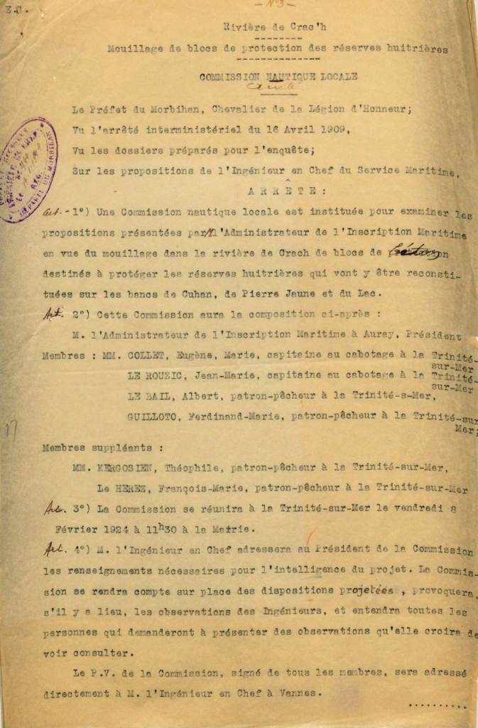 Arrêté de 1924 sur la protection huitrières en rivière de Crac'h