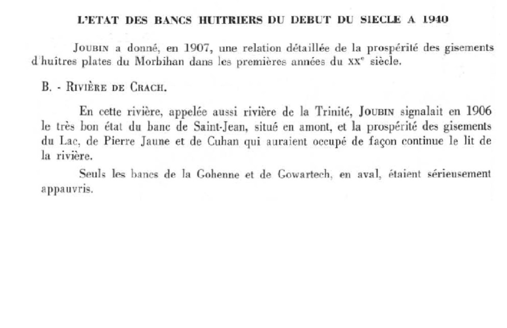 État des bancs d'huitres en 1906 en rivière de Crac'h par L Joubin