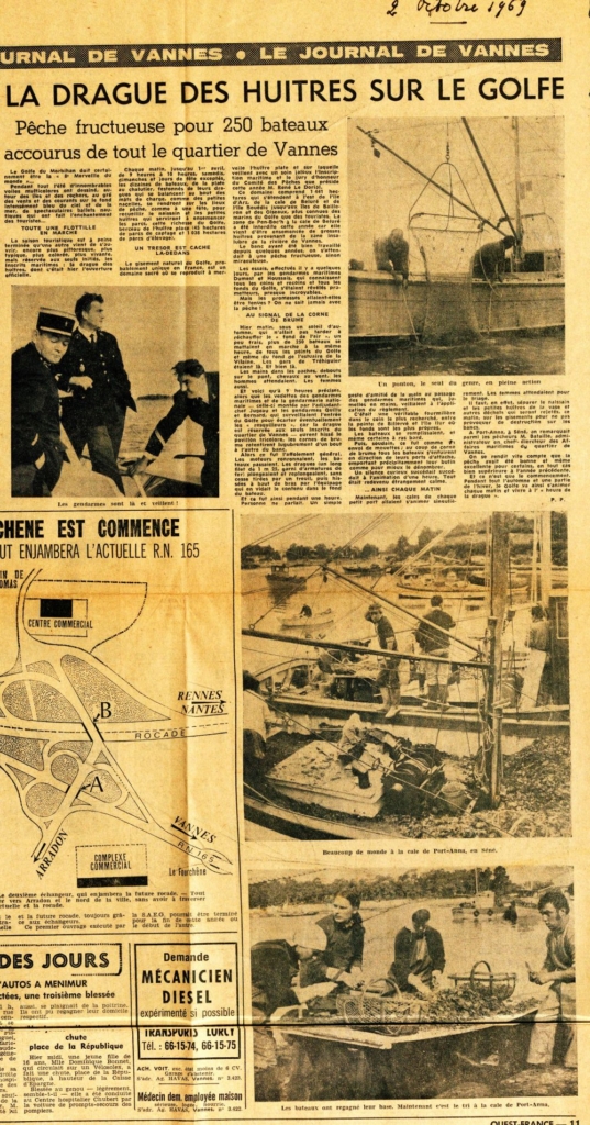 Article de presse sur la pêche aux huîtres dans le Golfe du Morbihan _Ouest France _octobre 1969. (Crédit : AD56)