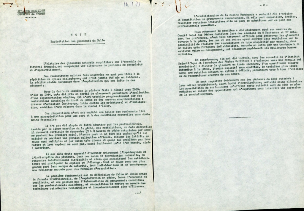 Note des Affaires maritimes sur la pêche aux huîtres dans golfe du Morbihan_1973. (Source : AD56)